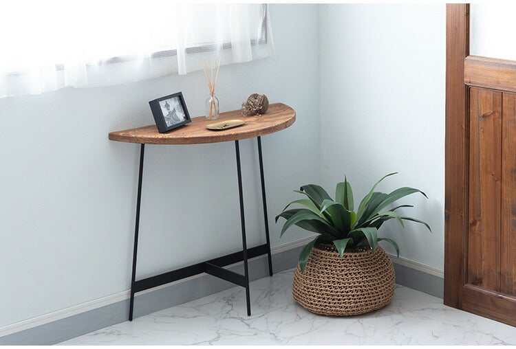 コンソール WE-8 東谷 コンソールテーブル テーブル 木製 幅83cm コンソール 天然木 無垢 パイン 古材 半円 三日月型 バックカウンター ソファ裏 ソファー 後ろ アイアン 脚 ブラック 黒(代引不可)