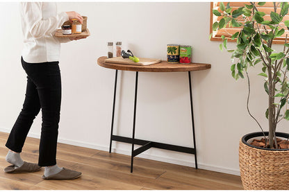 コンソール WE-8 東谷 コンソールテーブル テーブル 木製 幅83cm コンソール 天然木 無垢 パイン 古材 半円 三日月型 バックカウンター ソファ裏 ソファー 後ろ アイアン 脚 ブラック 黒(代引不可)