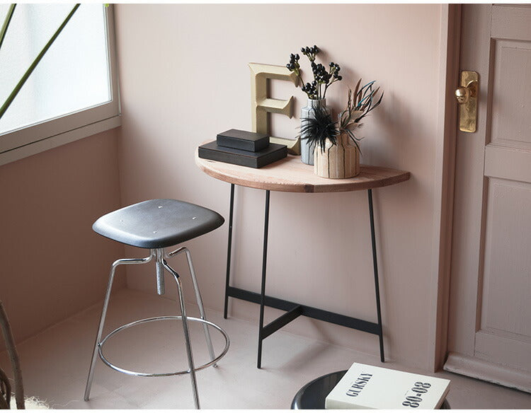 コンソール WE-8 東谷 コンソールテーブル テーブル 木製 幅83cm コンソール 天然木 無垢 パイン 古材 半円 三日月型 バックカウンター ソファ裏 ソファー 後ろ アイアン 脚 ブラック 黒(代引不可)