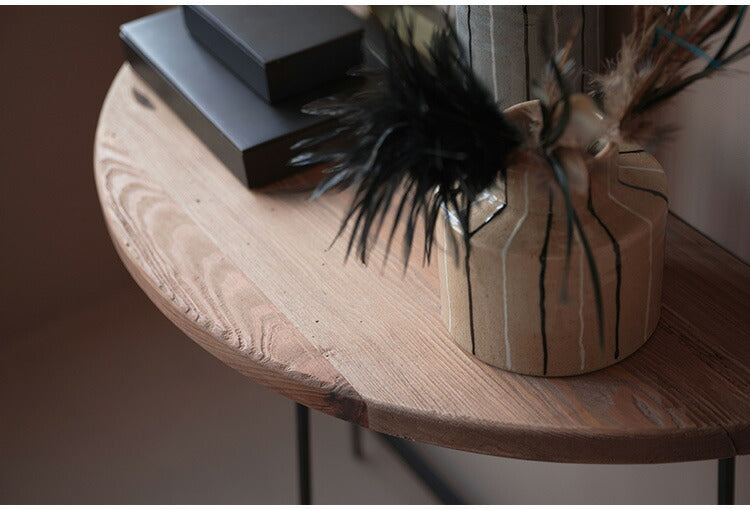 コンソール WE-8 東谷 コンソールテーブル テーブル 木製 幅83cm コンソール 天然木 無垢 パイン 古材 半円 三日月型 バックカウンター ソファ裏 ソファー 後ろ アイアン 脚 ブラック 黒(代引不可)