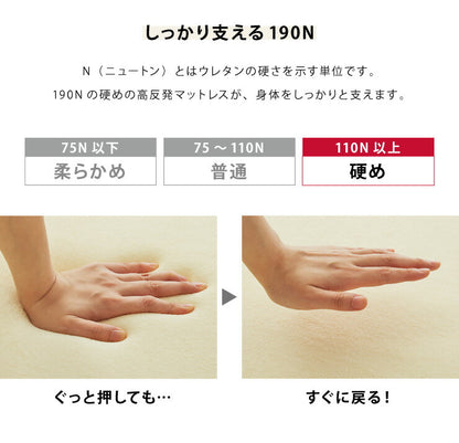 高反発 マットレス ダブル 洗える カバー 収納バンド付き 厚さ10cm 190N 高密度 エコテックス認証 ウレタン マット ゴムバンド 腰痛 コンパクト ベッド 硬め 敷き布団 寝具