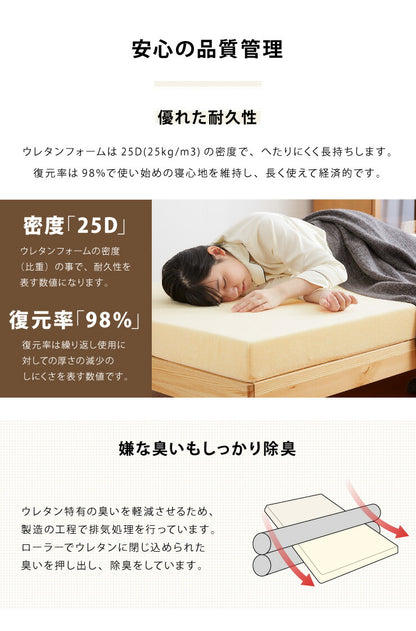 高反発 マットレス シングル 洗える カバー 収納バンド付き 厚さ10cm 190N 高密度 エコテックス認証 ウレタン マット ゴムバンド 腰痛 コンパクト ベッド 硬め 敷き布団 寝具