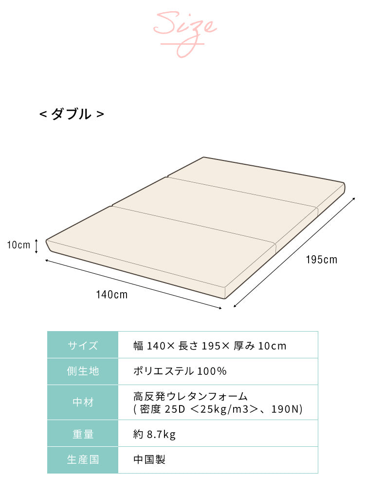 高反発 マットレス ダブル 三つ折り 洗える カバー 厚さ10cm 190N 高密度 ウレタン エコテックス認証 マット 折りたたみ 腰痛 3つ折り コンパクト ベッド 硬め 敷き布団 寝具