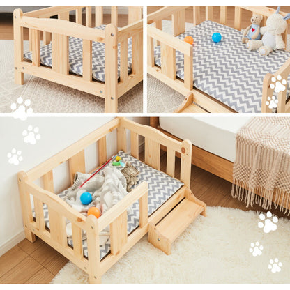 ペットベッド 木製 洗える クッション付き 選べるサイズ M L ペット用 猫用 犬用 ベッド 階段付き 春 夏 秋 冬 天然木 ペット(代引不可)