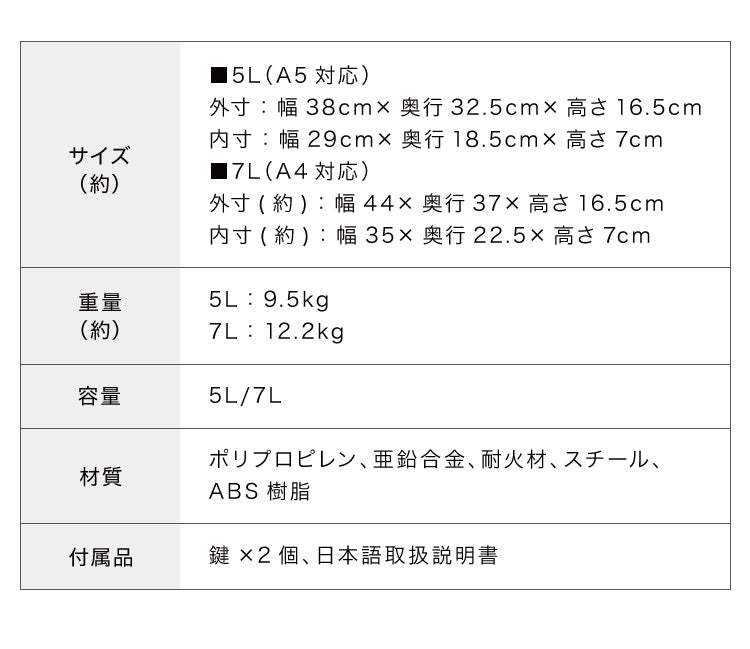 金庫 耐火 防水 家庭用 7L 5L 幅44cm×奥行37cm×高さ16.5cm 幅38cm×奥行32.5cm×高さ16.5cm A4 A5 手提げ 小型 パスポート 通帳 防災 防災対策 家庭用金庫 耐火金庫 耐水 頑丈 持ち運び 鍵 チューブラーキー