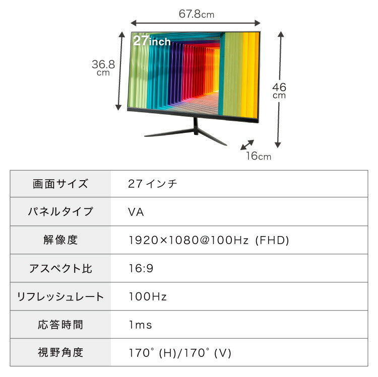 ゲーミングモニター 27インチ PCモニター 100Hz 1920×1080 FHD 1080p 1ms高速応答 薄型 液晶ディスプレイ ノングレア 非光沢 VA チルト調整 simplus シンプラス SP-NMT27