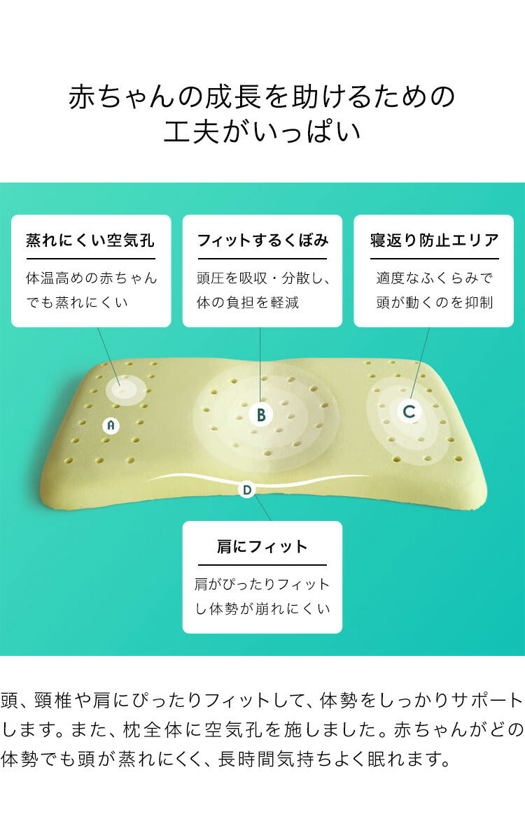 ベビーまくら ベビー枕 頭の形 45×25cm 向き癖防止 絶壁防止 洗える 綿100% ウレタンフォーム 二重生地 ファスナーなし 赤ちゃん ふわふわ 安全 ベビー 赤ちゃん用まくら 赤ちゃん枕 枕 まくら フィット ベビーピロー