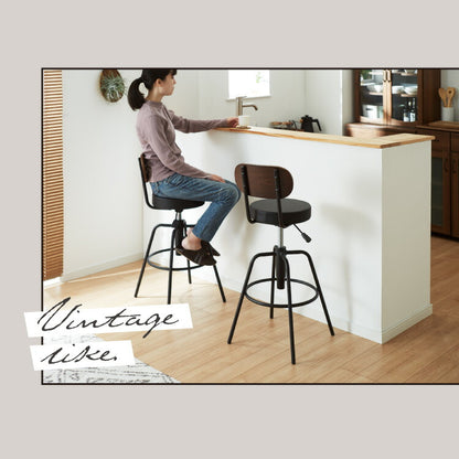 カウンターチェア 2脚セット 昇降式 360度回転 天然木 お手入れ簡単 PUレザー ワンタッチ操作 背もたれ付き カフェ風 ヴィンテージ シック アンティーク バーチェア バースツール 高さ調整  イス キッチンチェア ハイチェア