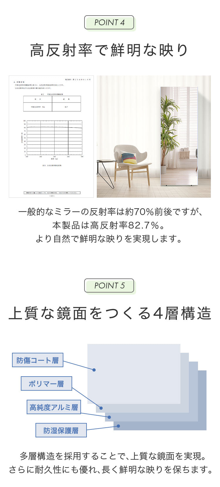 brisafe 割れない鏡 スタンド 60×180cm 割れない おしゃれ シンプル 鏡 ミラー スタンドミラー 全身鏡 インテリア 飛散防止 防災 鮮明 安全 軽量設計 壁掛け 2WAY 玄関 寝室 高反射率 高耐久