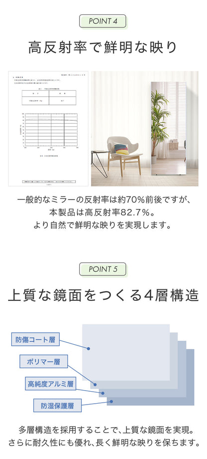 brisafe 割れない鏡 スタンド 60×180cm 割れない おしゃれ シンプル 鏡 ミラー スタンドミラー 全身鏡 インテリア 飛散防止 防災 鮮明 安全 軽量設計 壁掛け 2WAY 玄関 寝室 高反射率 高耐久
