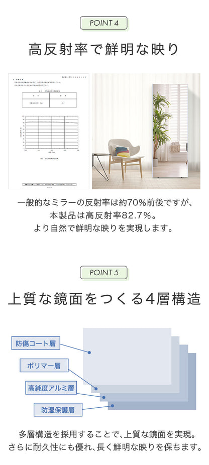 brisafe 割れない鏡 折りたたみ 二面鏡 100×160cm 割れない おしゃれ シンプル 鏡 ミラー ダンスミラー 全身鏡 インテリア 簡単設置 飛散防止 防災 鮮明 安全 軽量設計 ダンス 寝室 高反射率 高耐久