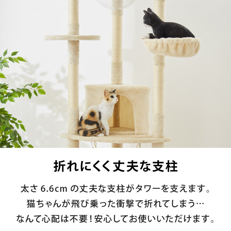 キャットタワー つっぱり 突っ張り 高さ228~253cm ハンモック付 宇宙船付き 隠れ家 ハウス 爪とぎ 大型 ハイタイプ ベージュ ライトグレー