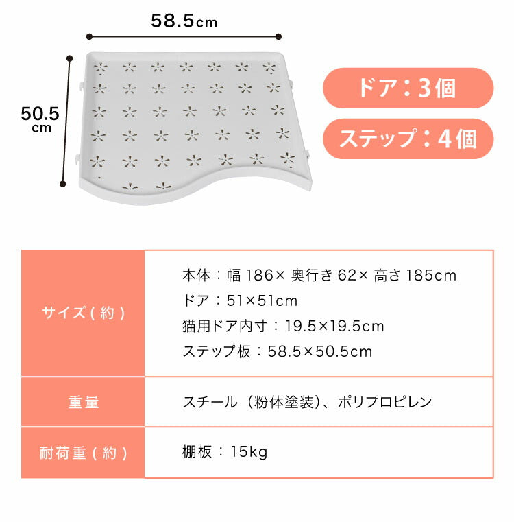 キャットケージ 大型 組み合わせ自由 ホワイト 3段 幅186cm 幅広設計
