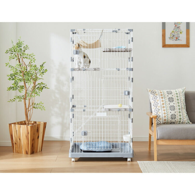 キャットケージ 3段 コンパクト ホワイト グレー スリム キャスター付 ハンモック 水飲みボウル ステップ台3段 多頭飼い 保護 脱走防止 シンプル おしゃれ 室内 ケージ 猫ケージ ペットケージ ハウス