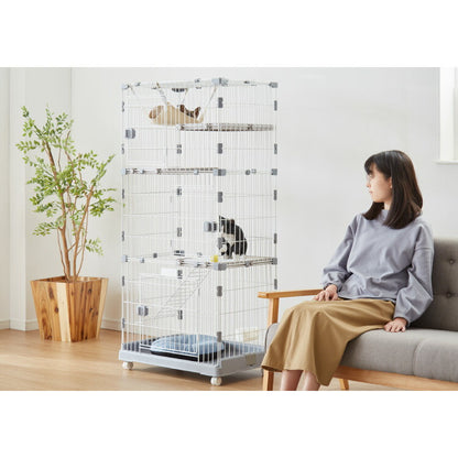 キャットケージ 3段 コンパクト ホワイト グレー スリム キャスター付 ハンモック 水飲みボウル ステップ台3段 多頭飼い 保護 脱走防止 シンプル おしゃれ 室内 ケージ 猫ケージ ペットケージ ハウス