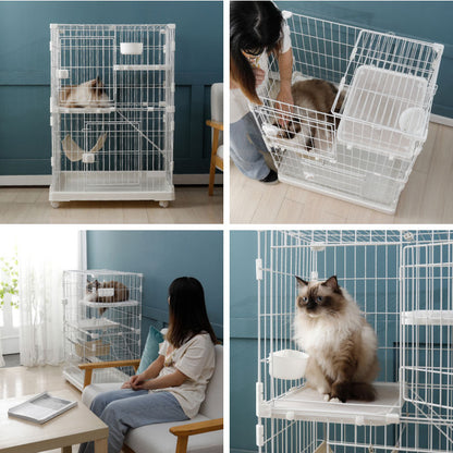 キャットゲージ 大型 2段 コンパクト ホワイト ハンモック キャスター付き 水飲みボウル ロック扉 スリム スチール製 シンプル おしゃれ ペットケージ 猫用ケージ ペットハウス 猫用 多頭飼い 脱走防止 ペット用品 猫用品 檻 保護
