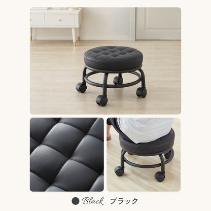 ロースツール キルティング キャスター付き PUレザー 高さ25cm おしゃれ かわいい コンパクト 低め 丸椅子 ラウンド チェア スツール 作業椅子 フットネイル 一人暮らし