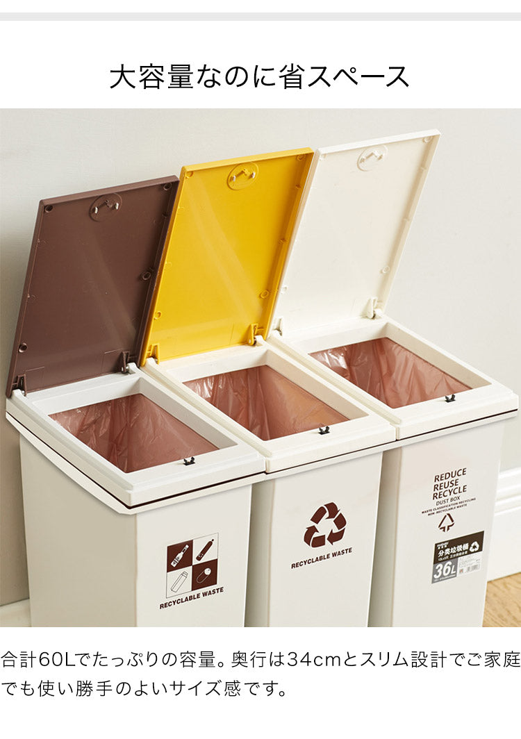 ゴミ箱 分別 キャスター ふた付き 3分別 大容量 60L ワンプッシュ おしゃれ シンプル キッチン リビング ごみ箱 ダストボックス ワゴン 20×3L 横型 角型 台座付き 仕分け
