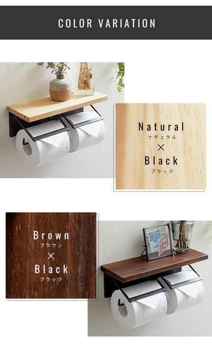 トイレットペーパーホルダー ダブルタイプ 2連 天板付き 天然木 パイン材 耐荷重5kg 棚付き アイアン 木目 飾り棚 おしゃれ モダン 北欧 アンティーク トイレ用品 トイレ 収納 お手洗い トイレットペーパー