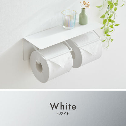 トイレットペーパーホルダー ダブルタイプ 2連 天板 オールスチール スチール 耐荷重5kg 棚付き 飾り棚 おしゃれ モダン トイレ 収納 賃貸 トイレ収納 トイレ用品