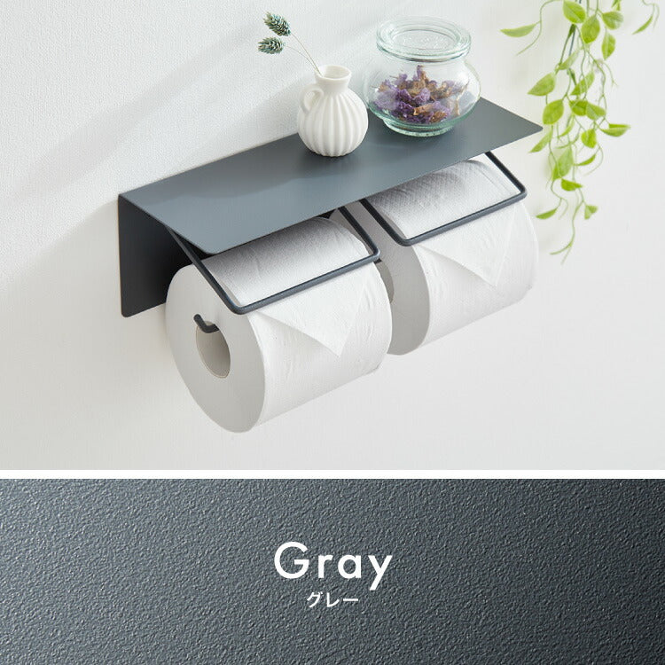 トイレットペーパーホルダー ダブルタイプ 2連 天板 オールスチール スチール 耐荷重5kg 棚付き 飾り棚 おしゃれ モダン トイレ 収納 賃貸 トイレ収納 トイレ用品