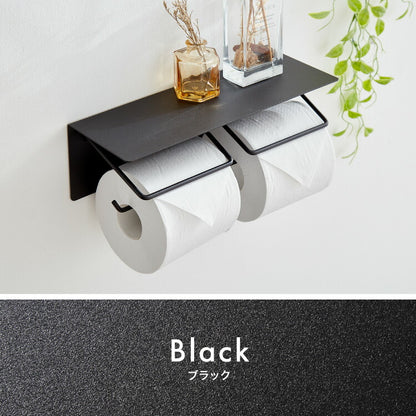 トイレットペーパーホルダー ダブルタイプ 2連 天板 オールスチール スチール 耐荷重5kg 棚付き 飾り棚 おしゃれ モダン トイレ 収納 賃貸 トイレ収納 トイレ用品