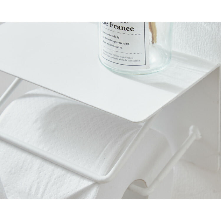 トイレットペーパーホルダー ダブルタイプ 2連 天板 オールスチール スチール 耐荷重5kg 棚付き 飾り棚 おしゃれ モダン トイレ 収納 賃貸 トイレ収納 トイレ用品