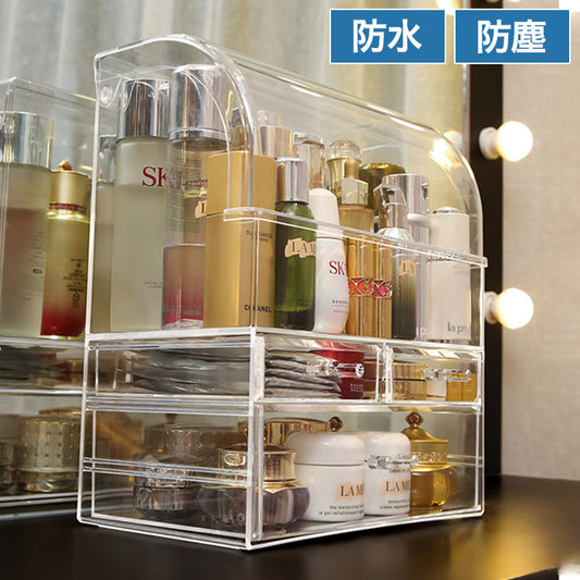 メイクボックス 大容量 クリア 透明 防水 防塵 引き出し付 スキンケア 収納 ボトル収納 化粧品 メイク用品 スキンケア用品 ドレッサー コスメボックス コスメ収納 クリアケース コスメケース コスメ収納ケース 卓上収納 文房具