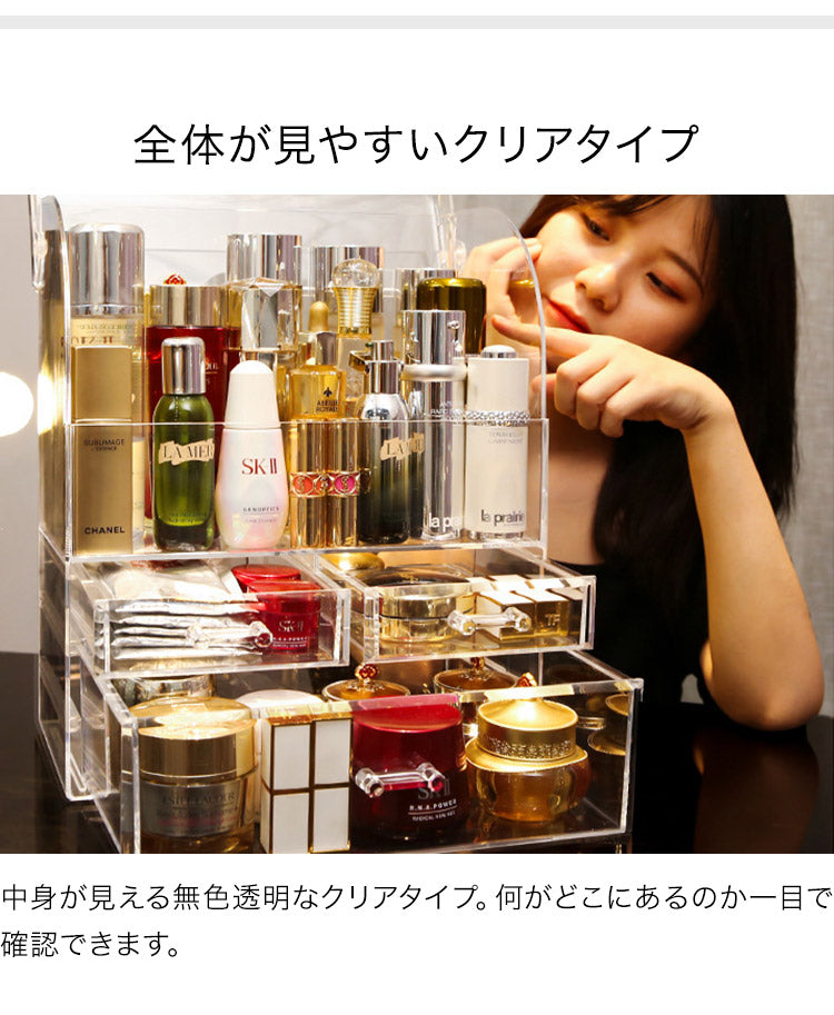 メイクボックス 大容量 クリア 透明 防水 防塵 引き出し付 スキンケア 収納 ボトル収納 化粧品 メイク用品 スキンケア用品 ドレッサー コスメボックス コスメ収納 クリアケース コスメケース コスメ収納ケース 卓上収納 文房具