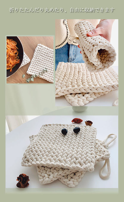 天然綿100％ 綿製 鍋敷き 2枚組 鍋しき 18×18cm おしゃれ 北欧 釜敷き 綿100% コットン100% ハンドメイド 手編み コースター 手作り つり輪付き お手入れ簡単 洗える ポットマット ポイント消化(代引不可)【メール便配送】