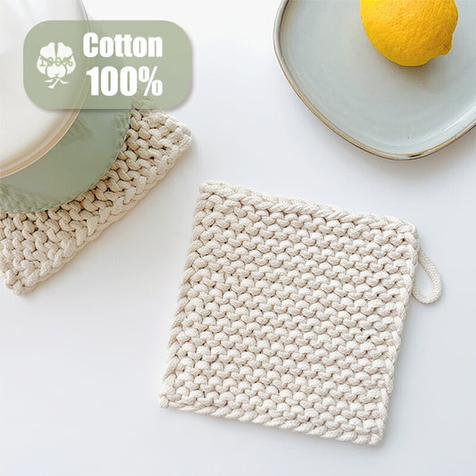 天然綿100％ 綿製 鍋敷き 鍋しき 18×18cm おしゃれ 北欧 釜敷き 綿100% コットン100% ハンドメイド 手編み コースター 手作り つり輪付き お手入れ簡単 洗える ポットマット オシャレ ポイント消化(代引不可)【メール便配送】