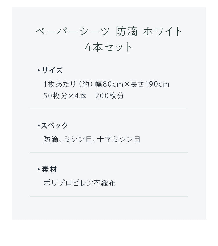 ペーパーシーツ 防滴 ホワイト 白 幅80cm 長さ190cm 50枚分 4本セット 穴あり 使い捨てシーツ 防滴シーツ 紙シーツ 不織布シーツ ベッドシーツ 厚め 使い捨て ミシン目入り ディスポロール エステ サロン 有孔ベッド対応