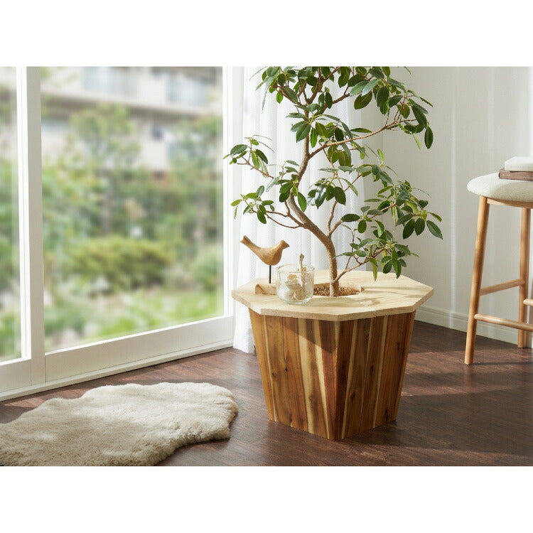 天然木 プランターテーブル 幅50cm 円形 八角形 ラバーウッド 木製 天板 プレート ナチュラル 北欧 サイドテーブル 小物置き 目隠し 鉢土隠し 鉢カバー サークル オクタゴン 観葉植物 植木鉢 鉢植え