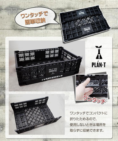 【plants never die】【正規販売店】 コンテナ W60cm×40cm×H17cm 折りたたみ ワンタッチ コンパクト 通気性 持ち手 積み重ね 植物柄 黒 ガーデニング 園芸 アウトドア おしゃれボックス かご