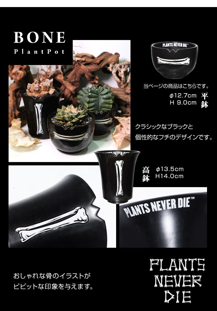 【plants never die】【正規販売店】 骨平鉢 W12.7cm×H9cm 鉢植え おしゃれ 骨 イラスト ブラック 径12.7 高さ9.0 陶器 ガーデニング 屋外 屋内 プランター 植木鉢 観葉植物 インテリア 雑貨 鉢