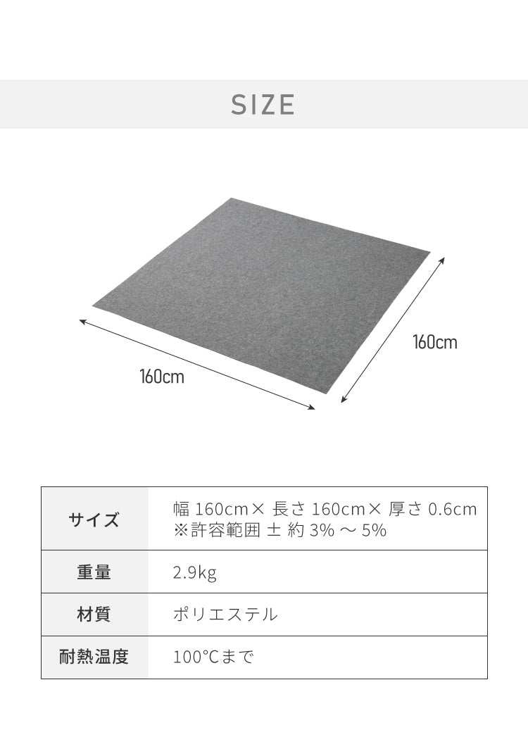 ラグ 下敷き 防音シート 約160×160cm ラグマット 厚手 ホットカーペット対応 カーペット 滑り止め アンダーラグ 厚さ6mm マット 衝撃吸収【送料無料】