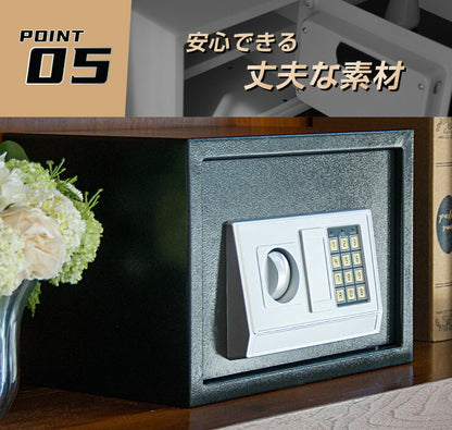 金庫 小型 家庭用 テンキー 電池式 防犯 盗難防止 セキュリティ対策 鍵不要 壁掛け対応 固定可能 中棚付き 18.5L おしゃれ コンパクト 暗証番号式 専用鍵付き アンカーボルト付き 店舗用 オフィス 電子金庫 保管庫 電子ロック
