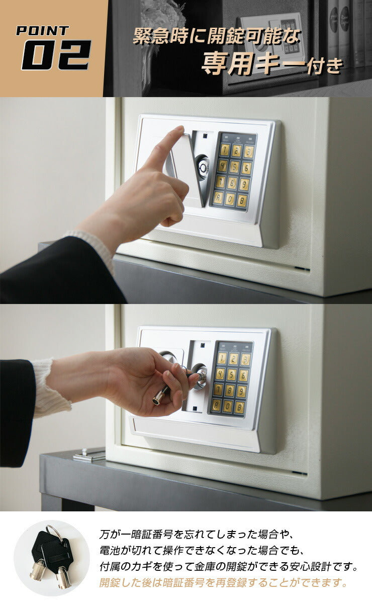 金庫 小型 家庭用 テンキー 電池式 防犯 盗難防止 セキュリティ対策 鍵不要 壁掛け対応 固定可能 中棚付き 18.5L おしゃれ コンパクト 暗証番号式 専用鍵付き アンカーボルト付き 店舗用 オフィス 電子金庫 保管庫 電子ロック