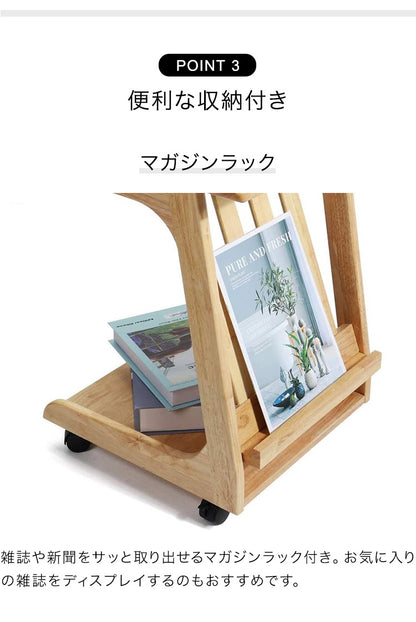 サイドテーブル キャスター 40×40cm マガジンラック付 ナチュラル 天然木 ラバーウッド おしゃれ かわいい ナイトテーブル 飾り棚 マガジンラック ディスプレイ 可動式
