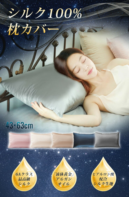 シルク 枕カバー 2枚組 19匁 両面 ヒアルロン酸入り シルク100％ シルク枕カバー ファスナー付き 43×63cm 絹 絹100％ 両面シルク ピローケース 天然シルク セット 安眠 保湿 美容 リバーシブル (代引不可)【メール便配送】