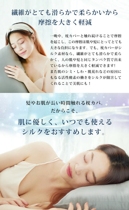 シルク 枕カバー 2枚組 19匁 両面 ヒアルロン酸入り シルク100％ シルク枕カバー ファスナー付き 43×63cm 絹 絹100％ 両面シルク ピローケース 天然シルク セット 安眠 保湿 美容 リバーシブル (代引不可)【メール便配送】