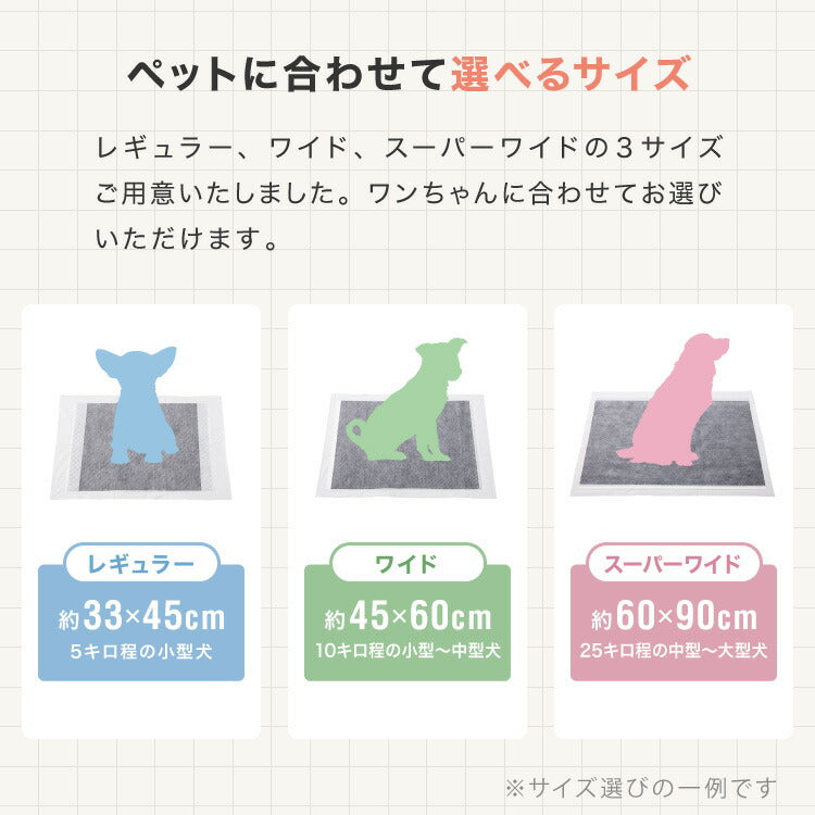 ペットシーツ レギュラー 400枚 ワイド 200枚 スーパーワイド 100枚 超厚型 炭入り 大容量 超吸収 消臭 脱臭 抗菌 使い捨て まとめ買い 高吸収ポリマー すべり止め 業務用 犬 猫 犬用 猫用 速乾 自然由来 清潔 3サイズ