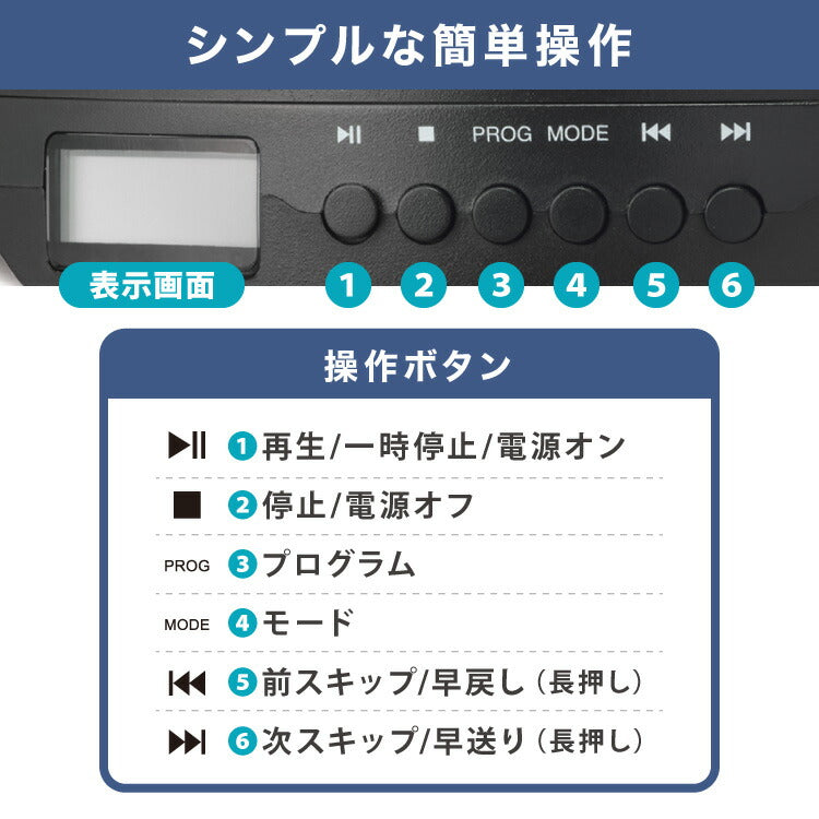 simplus CDプレーヤー ポータブル 2電源対応 小型 乾電池 USB給電 イヤホン付き リスニング プログラム再生 リピート再生 イントロ再生 語学学習 学生 持ち運び シンプラス SP-CDP01
