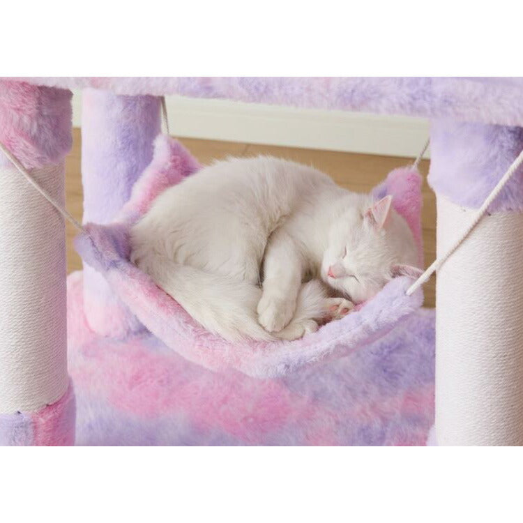 キャットハウス  隠れ家 階段 省スペース (パープル+ピンク) キャットタワー ツリーハウス 据え置き スリム 40×50cm 高さ140cm