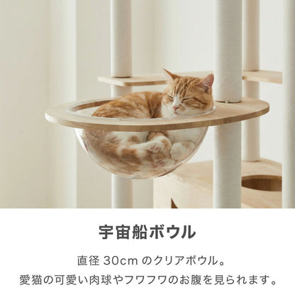 キャットタワー 木製 据え置き 大型猫 68×60 高さ192cm スリム コンパクト 省スペース 宇宙船 クリアボウル 爪とぎポール 綿紐 おしゃれ 猫タワー キャットハウス 運動不足解消 猫 ねこ 子猫