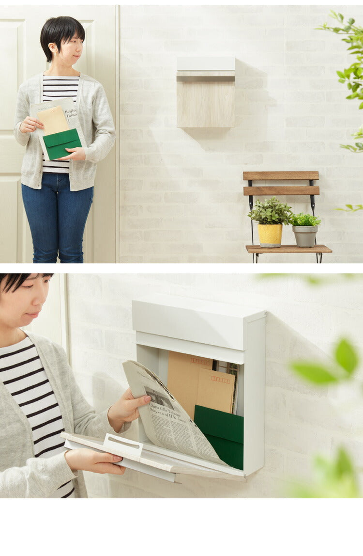 ポスト 壁掛け 鍵付き キーロック式 スチール 木目調 コンパクト 大容量 ブラック ホワイト ブラウン ナチュラル おしゃれ 北欧 かわいい バイカラー 玄関 壁付け 郵便ポスト 郵便受け メールボックス 壁掛けポスト 壁付けポスト