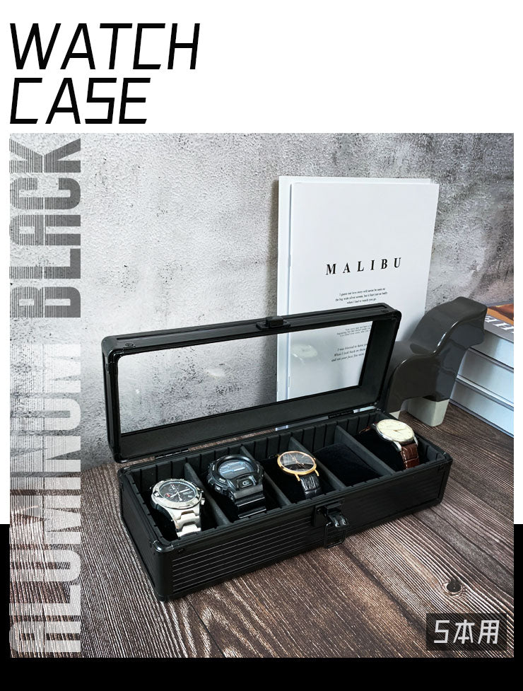 時計収納ケース 5本 アルミ おしゃれ ブラック 時計ケース 腕時計ケース 5本入り クッション付き ギフト プレゼント インテリア コレクション 高級 ウォッチケース 収納 ケース 腕時計 時計 ビジネス