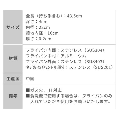 tesione テシオン ステンレス フライパン 22cm フッ素不使用 3層構造 ステンレスフライパン 深型 フライパン IH対応 ガス火OK TS-010