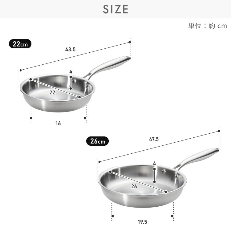tesione テシオン ステンレス フライパン 22cm 26cm フッ素不使用 3層構造 ステンレスフライパン 深型 フライパン IH対応 ガス火OK TS-010