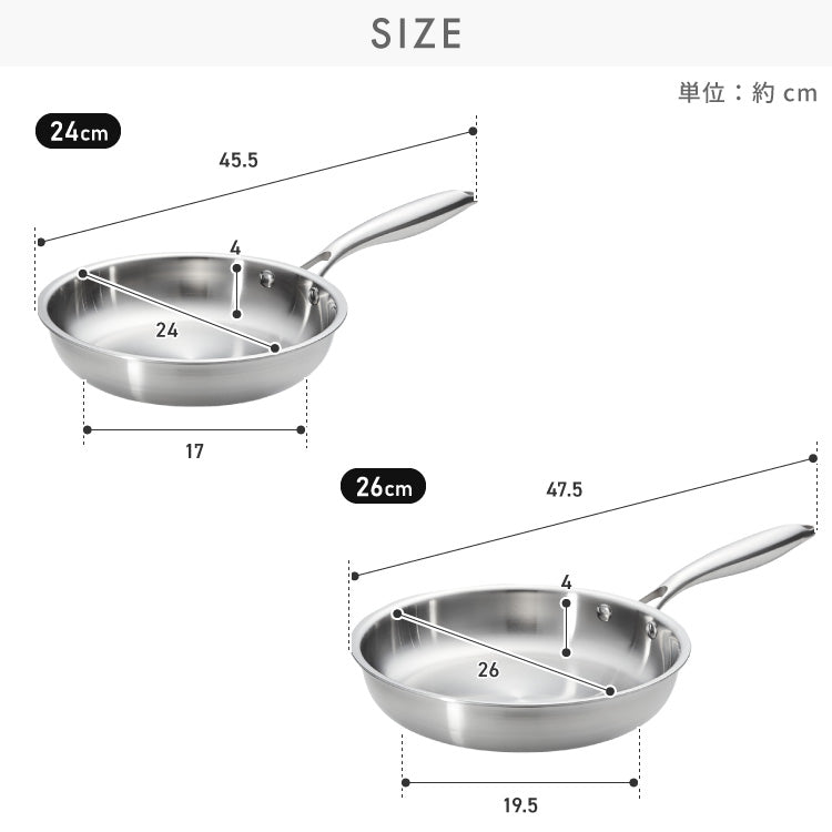 tesione テシオン ステンレス フライパン 24cm 26cm フッ素不使用 3層構造 ステンレスフライパン 深型 フライパン IH対応 ガス火OK TS-010